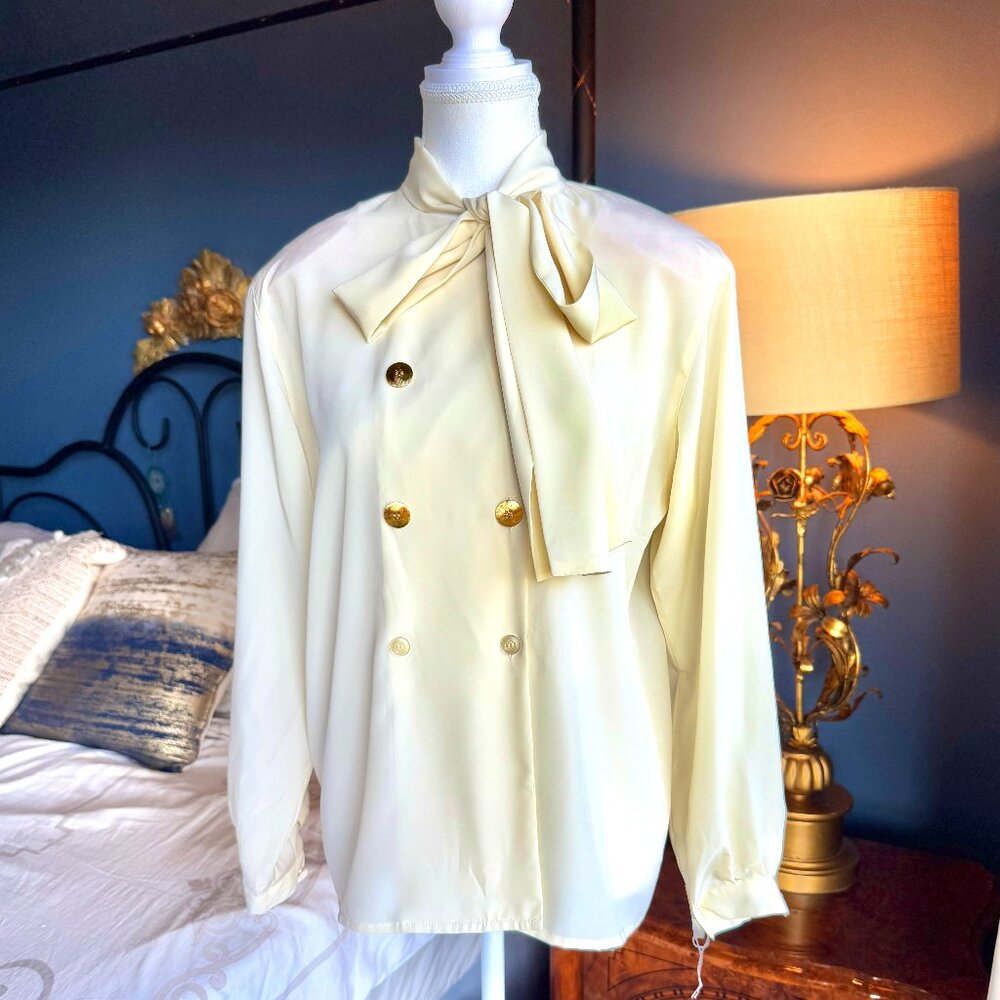 90s Vintage Cream w Gold Buttons and Neck Scarf Blouse